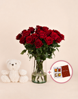 Premium Ecuador Roten Rosen Geschenkset mit Teddybär, Schokolade und Grußkarte