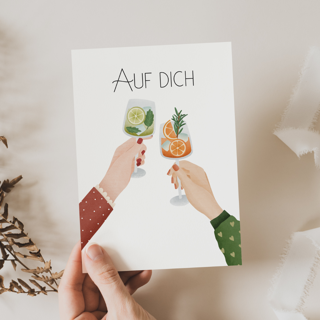 Grußkarte mit Aufschrift ‚Auf Dich‘ – modernes Design von Flori, ideal als Beilage zu einem Blumenstrauß für besondere Anlässe in Österreich.