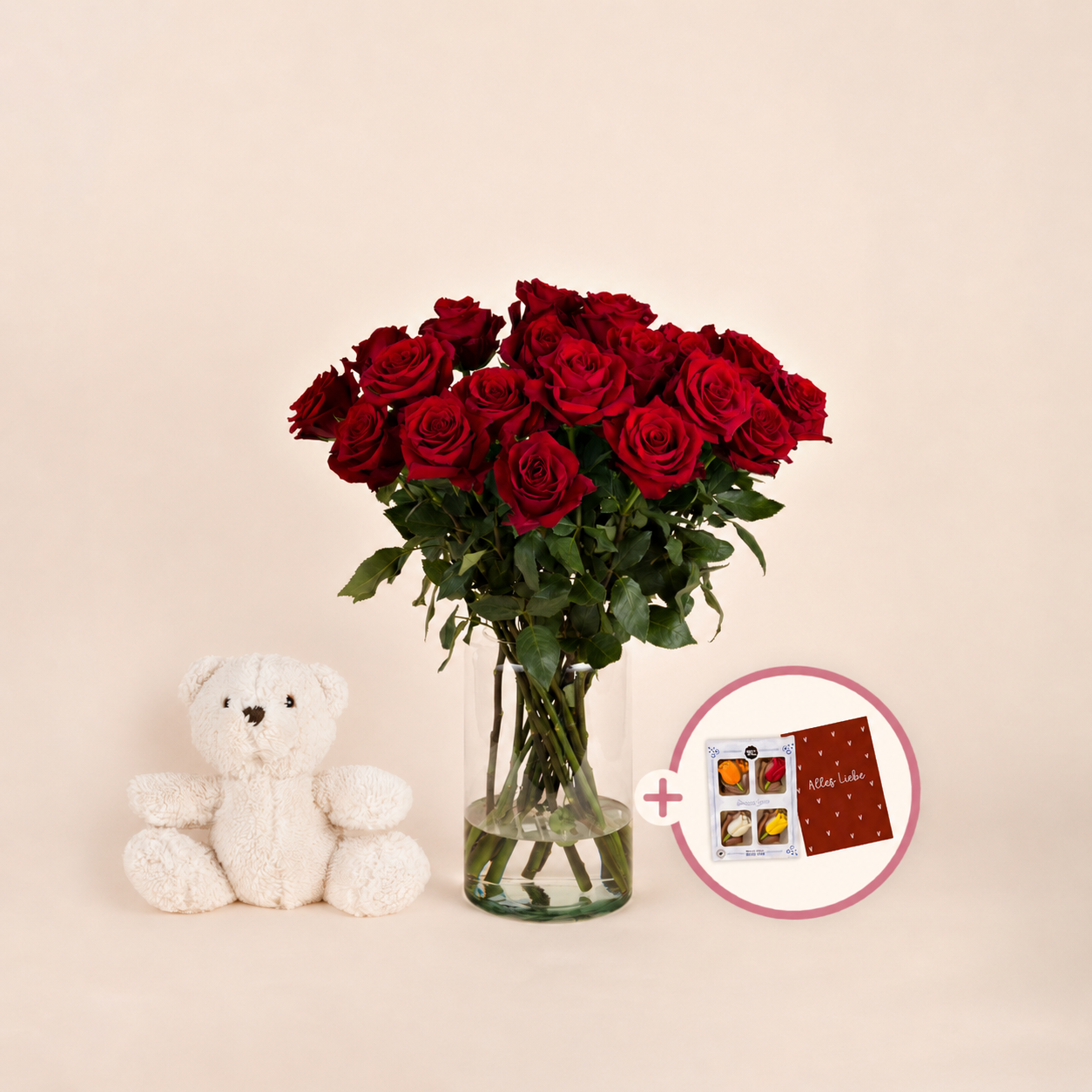 Premium Ecuador Roten Rosen Geschenkset mit Teddybär, Schokolade und Grußkarte
