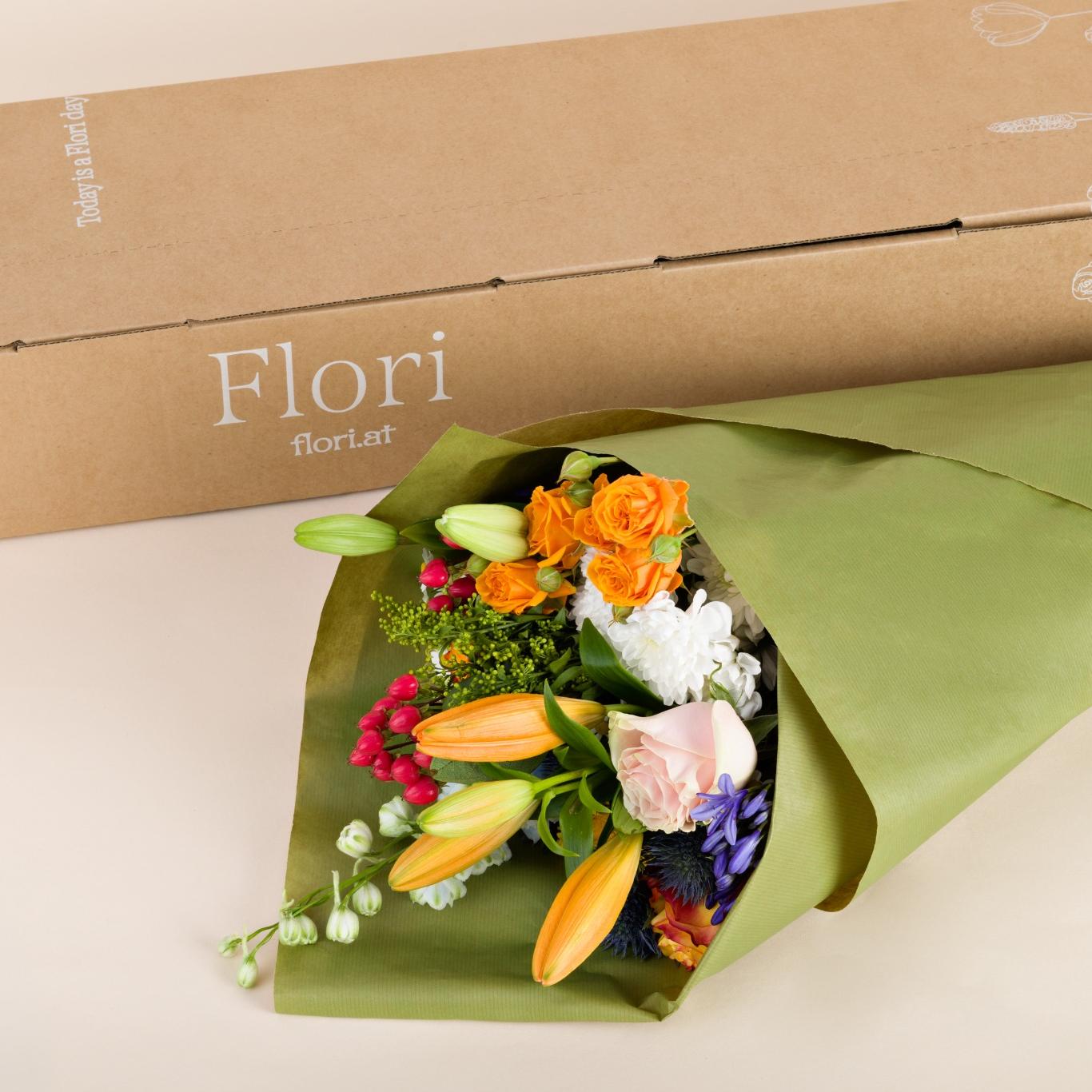 Blumenstrauss sicher verpackt in Flori-Versandbox