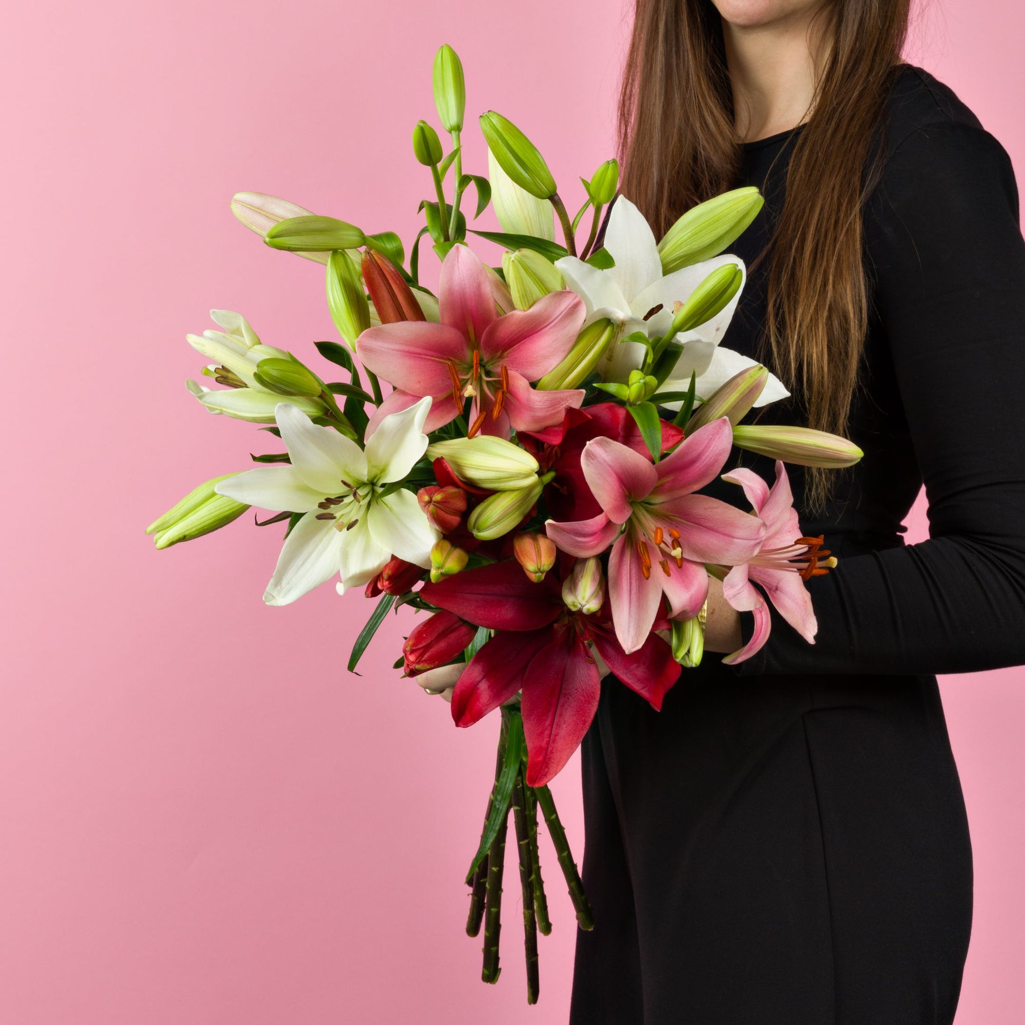 Hand haelt Lilienstrauss Rosa-Rot-Weiss